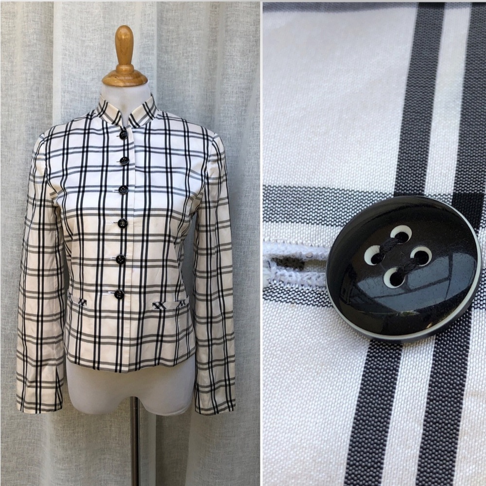 Carlisle mock neck silk black and white plaid button down Blazer